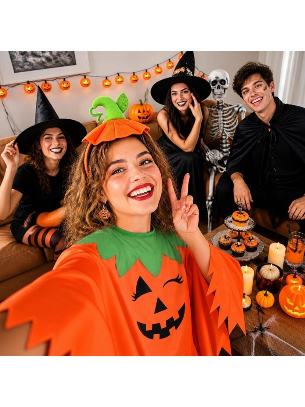 Women's Pumpkin 6 PCS Double Poncho Candy Brooch Cosplay Halloween Costume Set - Picture 3 of 7